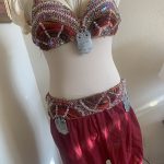 Athena Najat burgundy tapestry belly dance costume with beading sequins and owl pendant detail