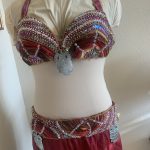 Athena Najat burgundy tapestry belly dance costume with beading sequins and owl pendant detail