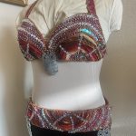 Athena Najat burgundy tapestry belly dance costume with beading sequins and owl pendant detail