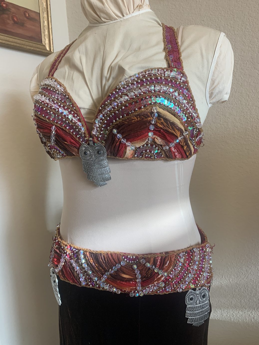 Athena Najat burgundy tapestry belly dance costume with beading sequins and owl pendant detail