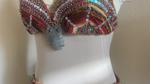 Athena Najat burgundy tapestry belly dance costume with beading sequins and owl pendant detail