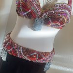 Athena Najat burgundy tapestry belly dance costume with beading sequins and owl pendant detail